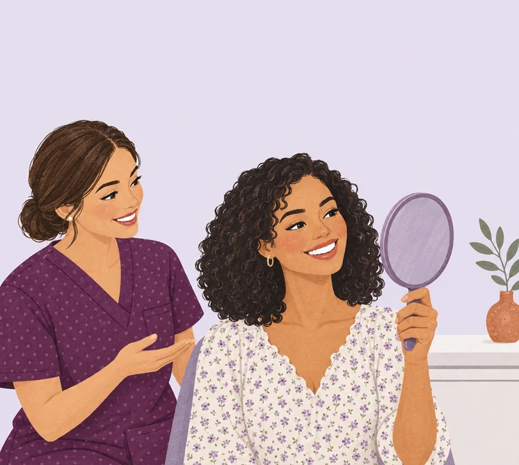 Illustration of a patient admiring her smile in a hand mirror beside a dental assistant