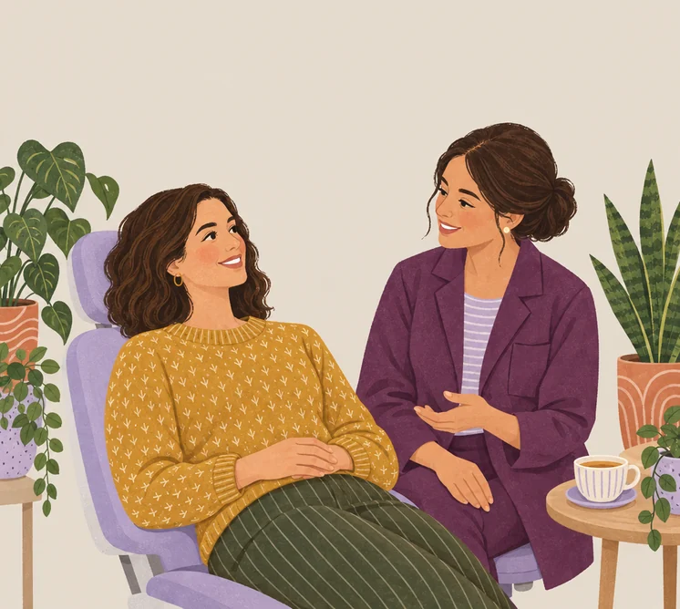 Illustration of a relaxed patient in a dental chair talking with her dentist among plants