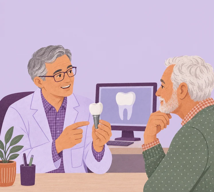 Illustration of a dentist showing a patient a model of a dental implant