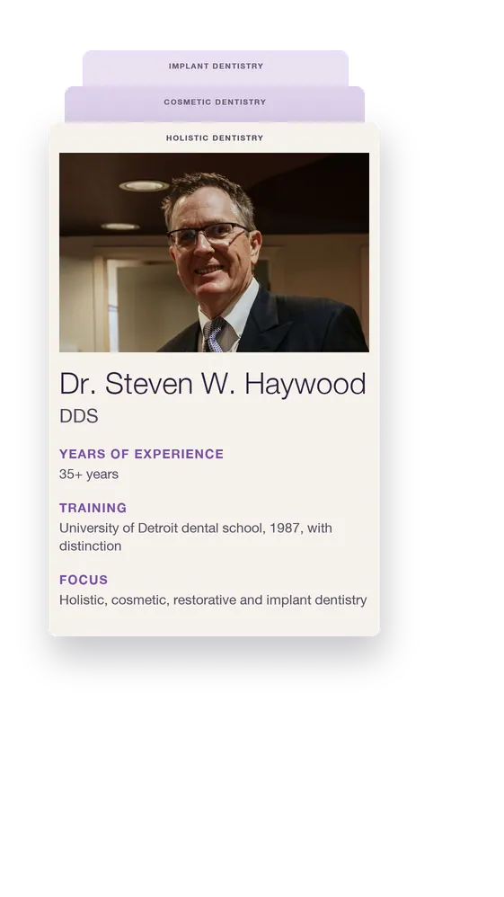 Profile card: Dr. Steven W. Haywood, DDS. 35+ years of experience; University of Detroit dental school, 1987, with distinction; holistic, cosmetic, restorative and implant dentistry