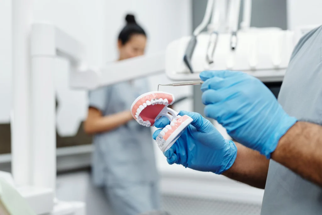 Dentist holding a dental model and scaler in a clinic for oral hygiene demonstration.