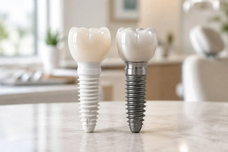 A white zirconia dental implant beside a gray titanium dental implant