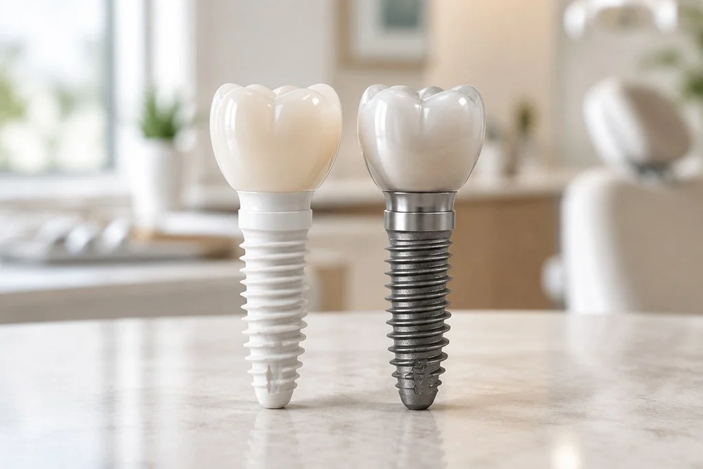 A white zirconia dental implant beside a gray titanium dental implant