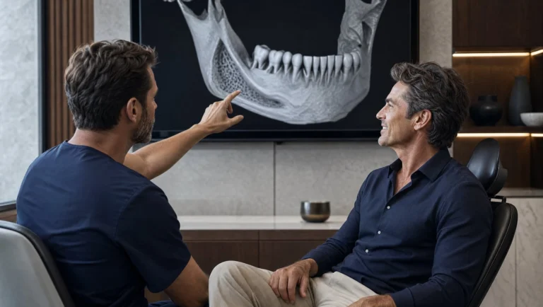 Dentist showing a patient a 3D cone beam scan of the jaw to check bone before dental implants