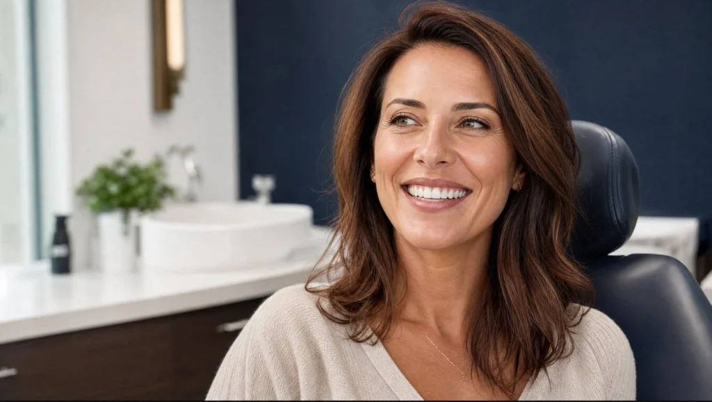 Woman with a bright, natural white smile in a modern dental office after professional teeth whitening