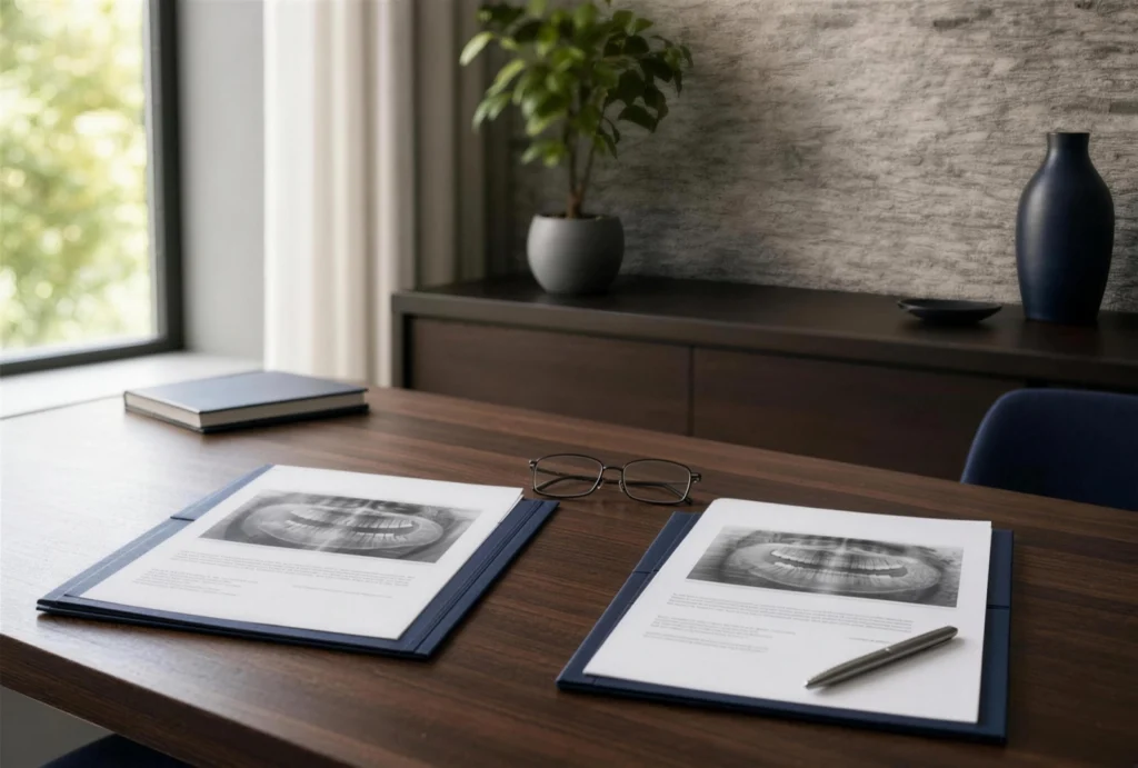 Two dental implant treatment plans side by side on a consultation desk at Dr. Haywood's Timonium office