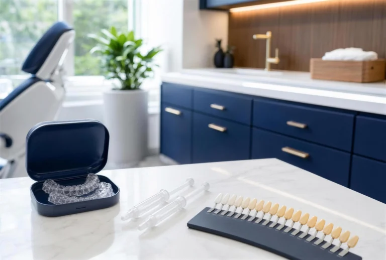 Custom teeth-whitening trays, whitening gel syringes and a shade guide on the counter at Dr. Haywood's Timonium office